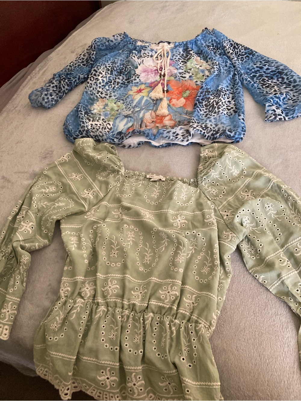 Boho Eyelet Peasant Top - Sage Green Long Sleeve Lot of 2 Blouses